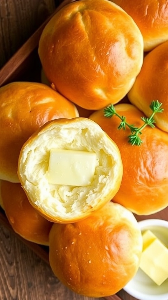 Fluffy No-Yeast Dinner Rolls Recipe Freshly baked no-yeast dinner rolls, golden brown, on a wooden table with butter.